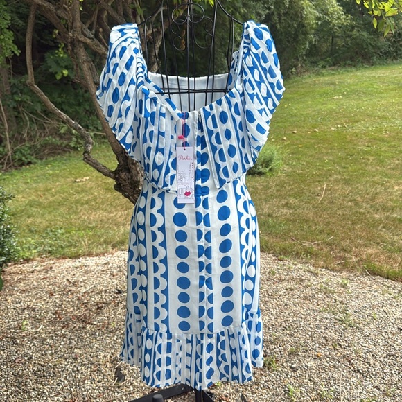 Parker Greek blue and white circle ruffle off the shoulder dress - Picture 5 of 5